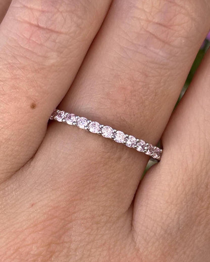 Sterling Silver Pink CZ Eternity Ring, Thin Stackable Band, Dainty Minimalist Ring, Promise Ring for Her