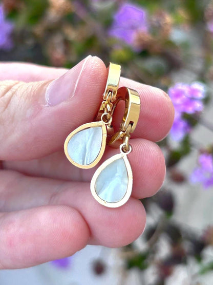 Mother of Pearl Drop Earrings, Gold Huggie Earrings, Stainless Steel Earrings, Minimalist Pearl Earrings, Hypoallergenic Jewelry Gift