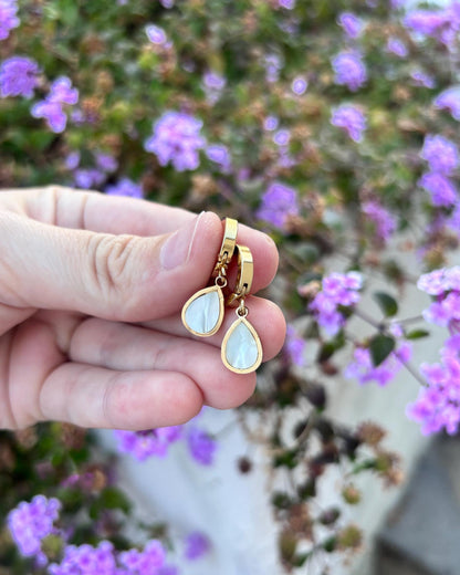 Mother of Pearl Drop Earrings, Gold Huggie Earrings, Stainless Steel Earrings, Minimalist Pearl Earrings, Hypoallergenic Jewelry Gift