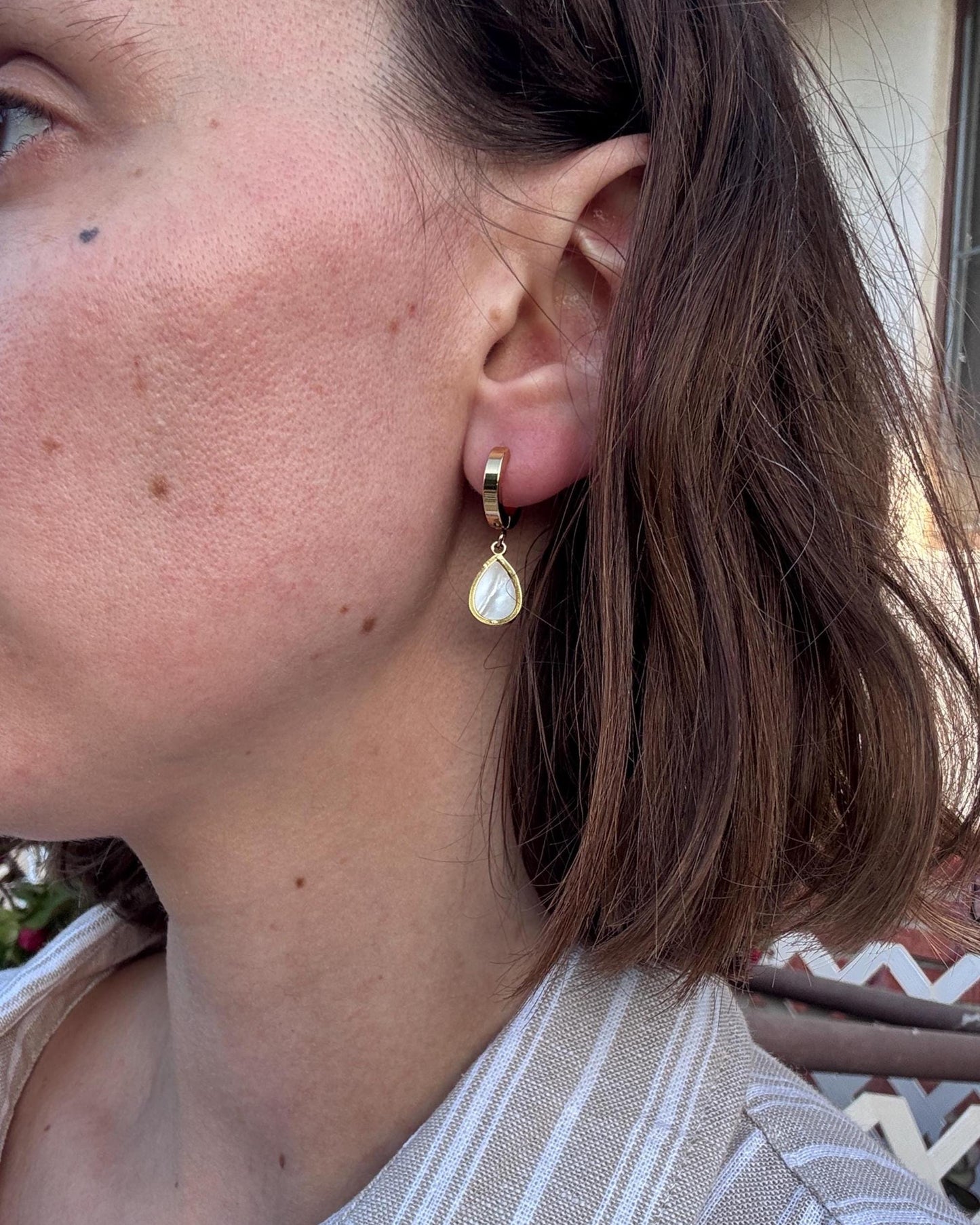Mother of Pearl Drop Earrings, Gold Huggie Earrings, Stainless Steel Earrings, Minimalist Pearl Earrings, Hypoallergenic Jewelry Gift