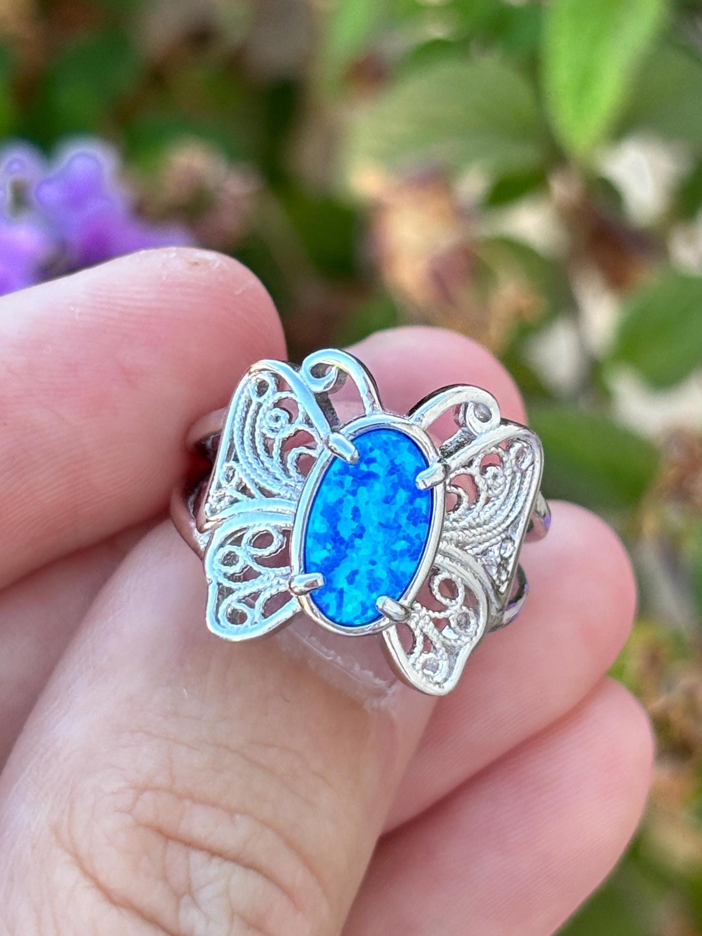 Blue Opal Butterfly Ring, 925 Sterling Silver Ring, Butterfly Jewelry, Lab Grown Opal Ring, Nature Inspired Ring, Statement Ring for Her