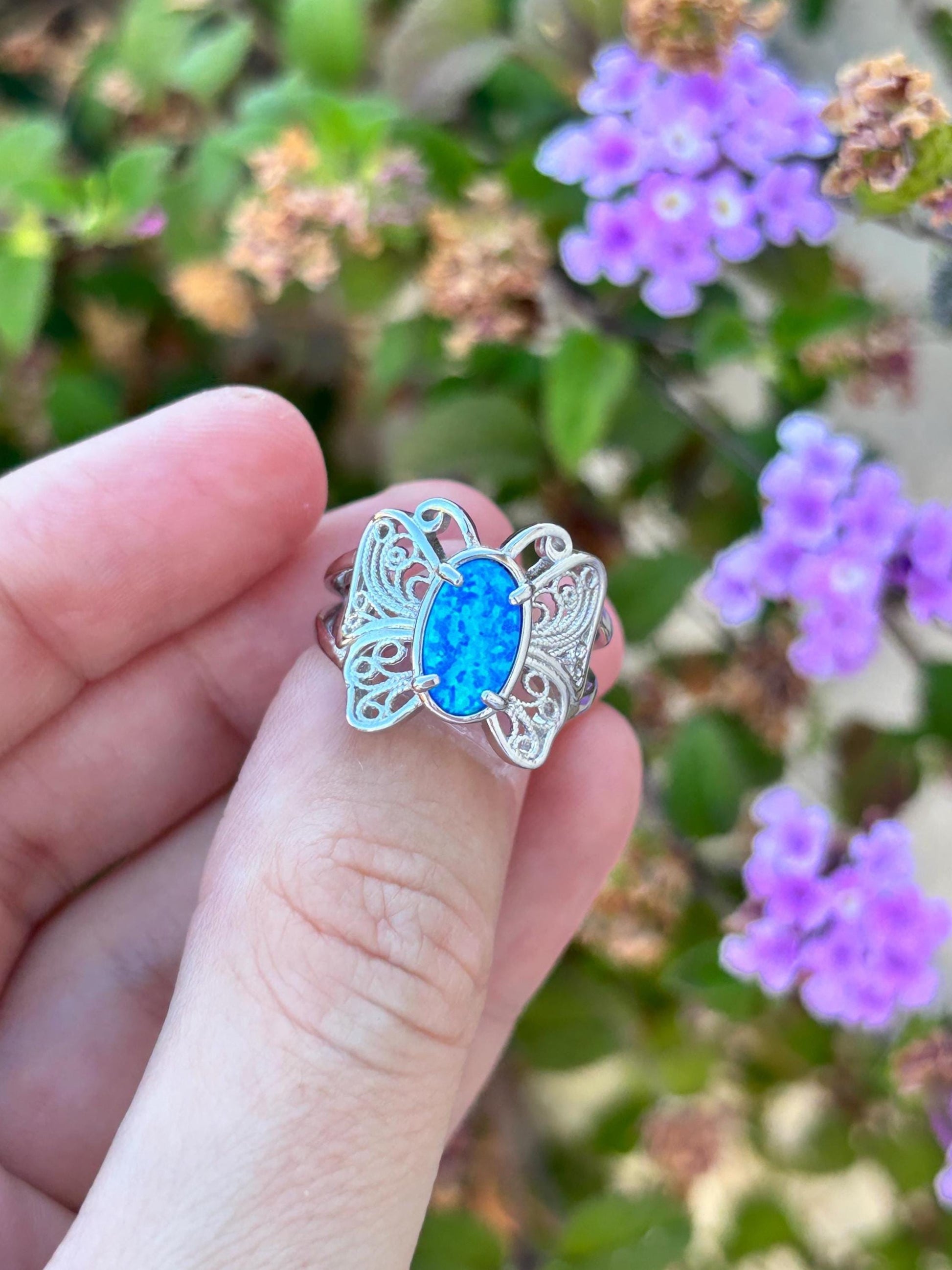 Blue Opal Butterfly Ring, 925 Sterling Silver Ring, Butterfly Jewelry, Lab Grown Opal Ring, Nature Inspired Ring, Statement Ring for Her