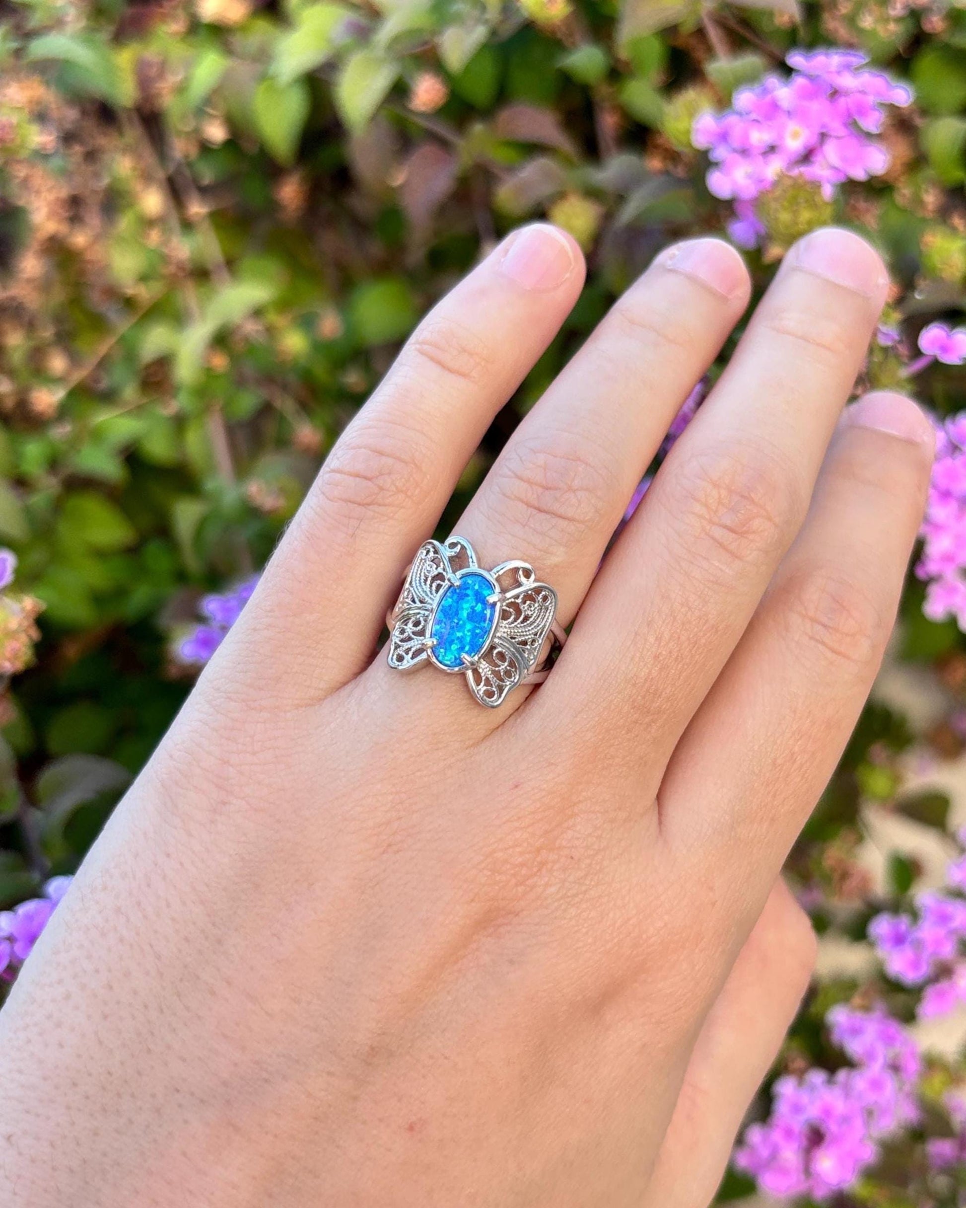 Blue Opal Butterfly Ring, 925 Sterling Silver Ring, Butterfly Jewelry, Lab Grown Opal Ring, Nature Inspired Ring, Statement Ring for Her