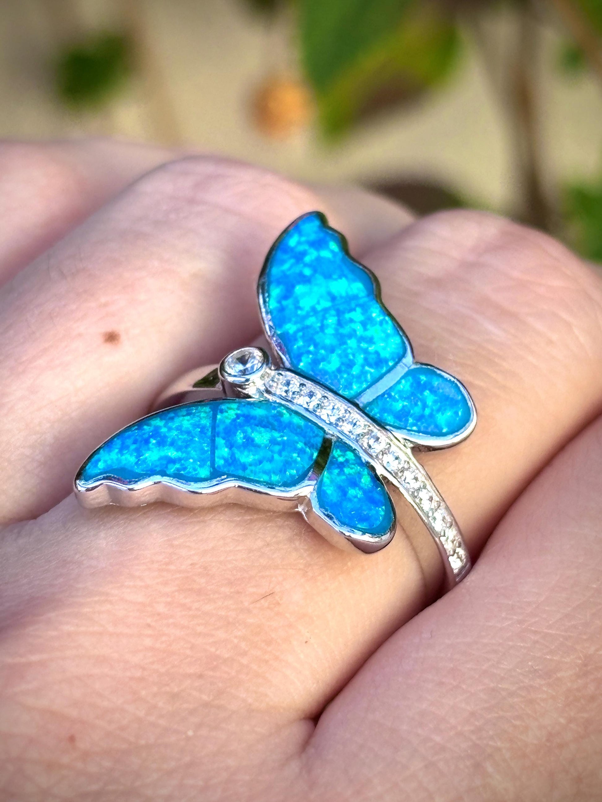Blue Opal Butterfly Ring, Sterling Silver Butterfly Ring, Lab Grown Opal Ring, Nature Inspired Jewelry, Art Nouveau Ring, Gift For Her