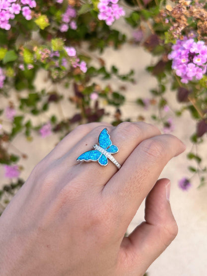 Blue Opal Butterfly Ring, Sterling Silver Butterfly Ring, Lab Grown Opal Ring, Nature Inspired Jewelry, Art Nouveau Ring, Gift For Her
