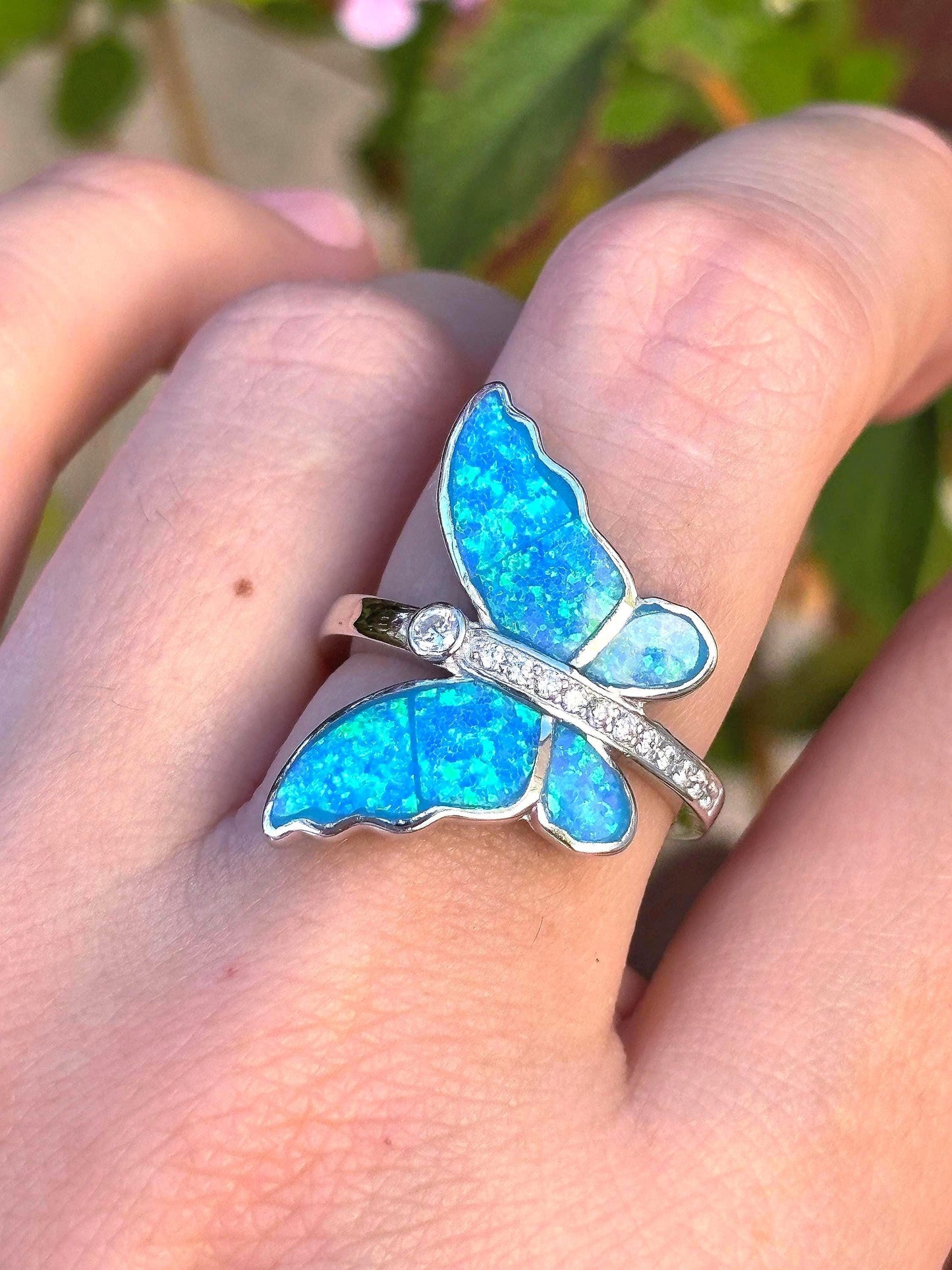 Blue Opal Butterfly Ring, Sterling Silver Butterfly Ring, Lab Grown Opal Ring, Nature Inspired Jewelry, Art Nouveau Ring, Gift For Her