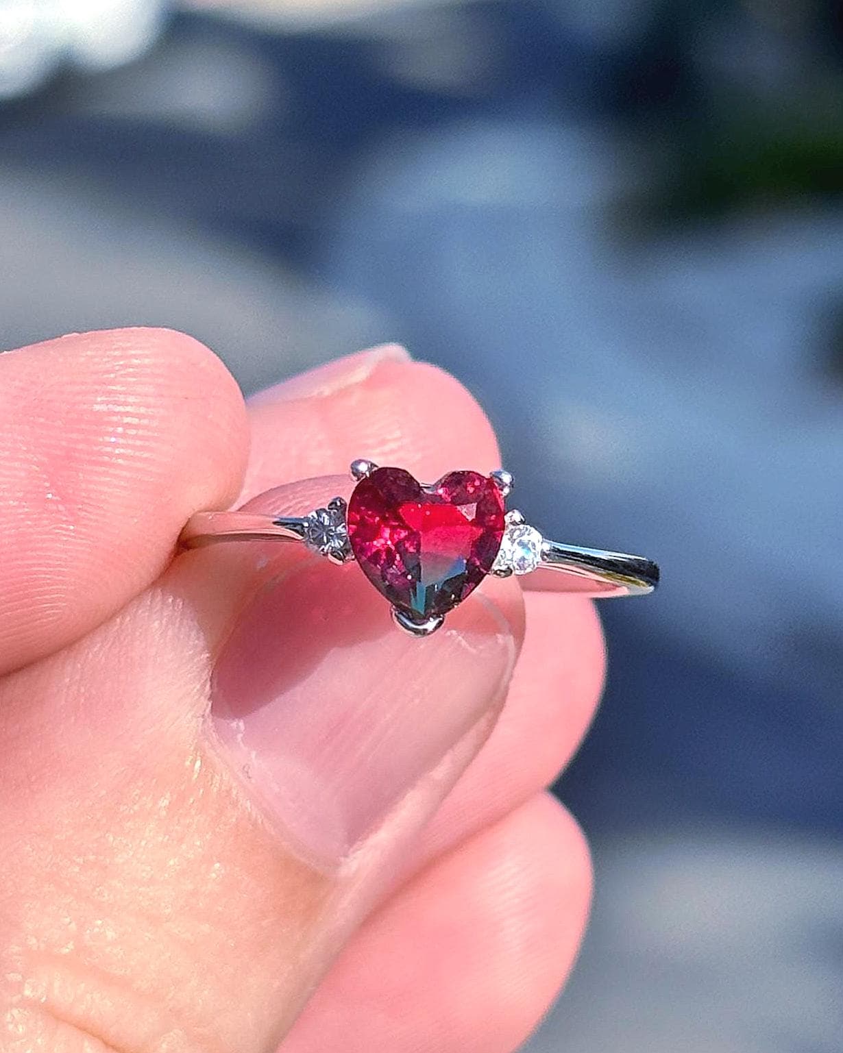 925 Sterling Silver Watermelon Tourmaline Heart Ring, Summer Ring for Kids, Handmade Dainty Promise Ring, Cute Colorful Jewelry Gift