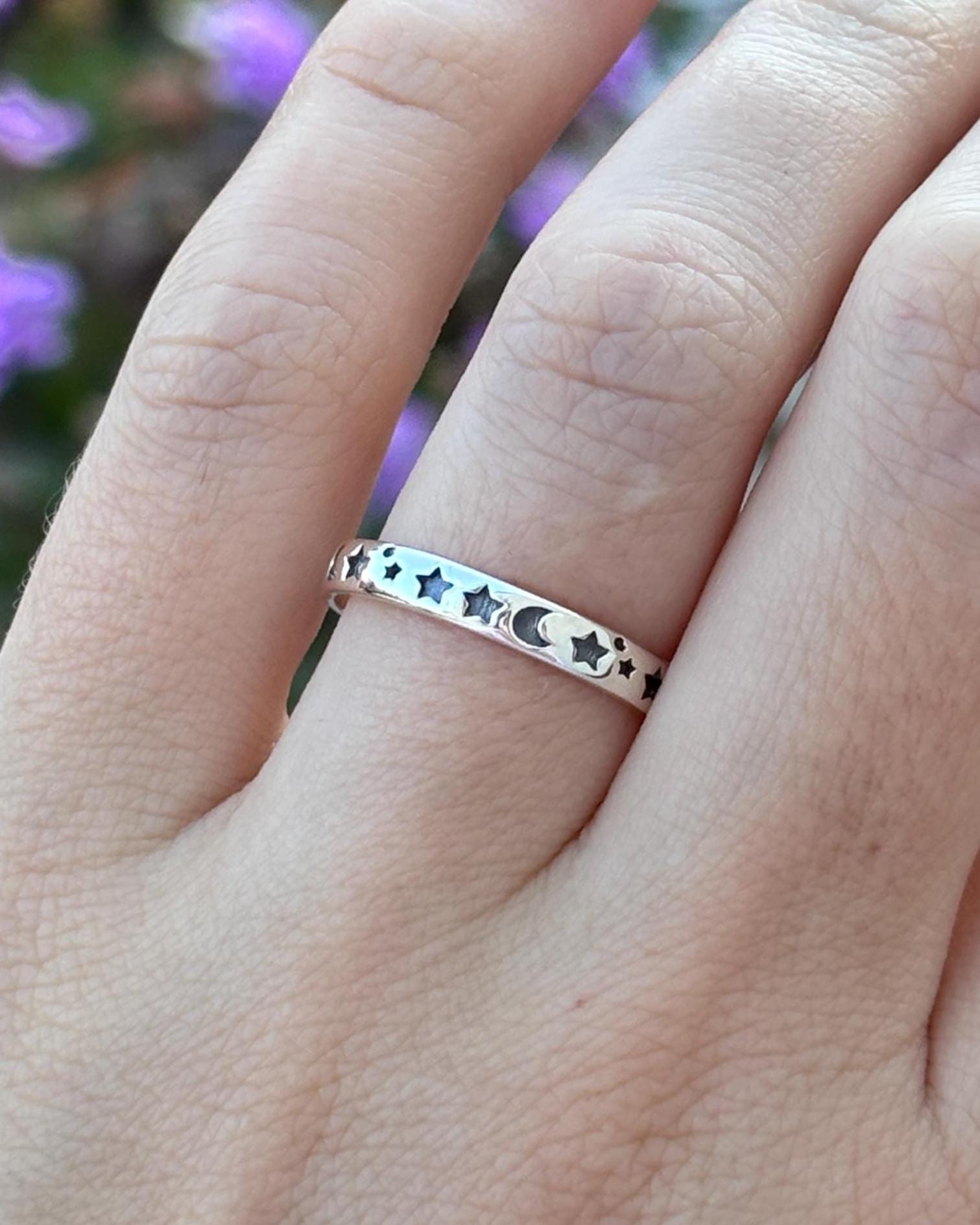 Handmade 925 Sterling Silver Celestial Moon Star Ring, Dainty Stackable Band, Minimalist Cosmic Ring, Everyday Jewelry Gift for Her