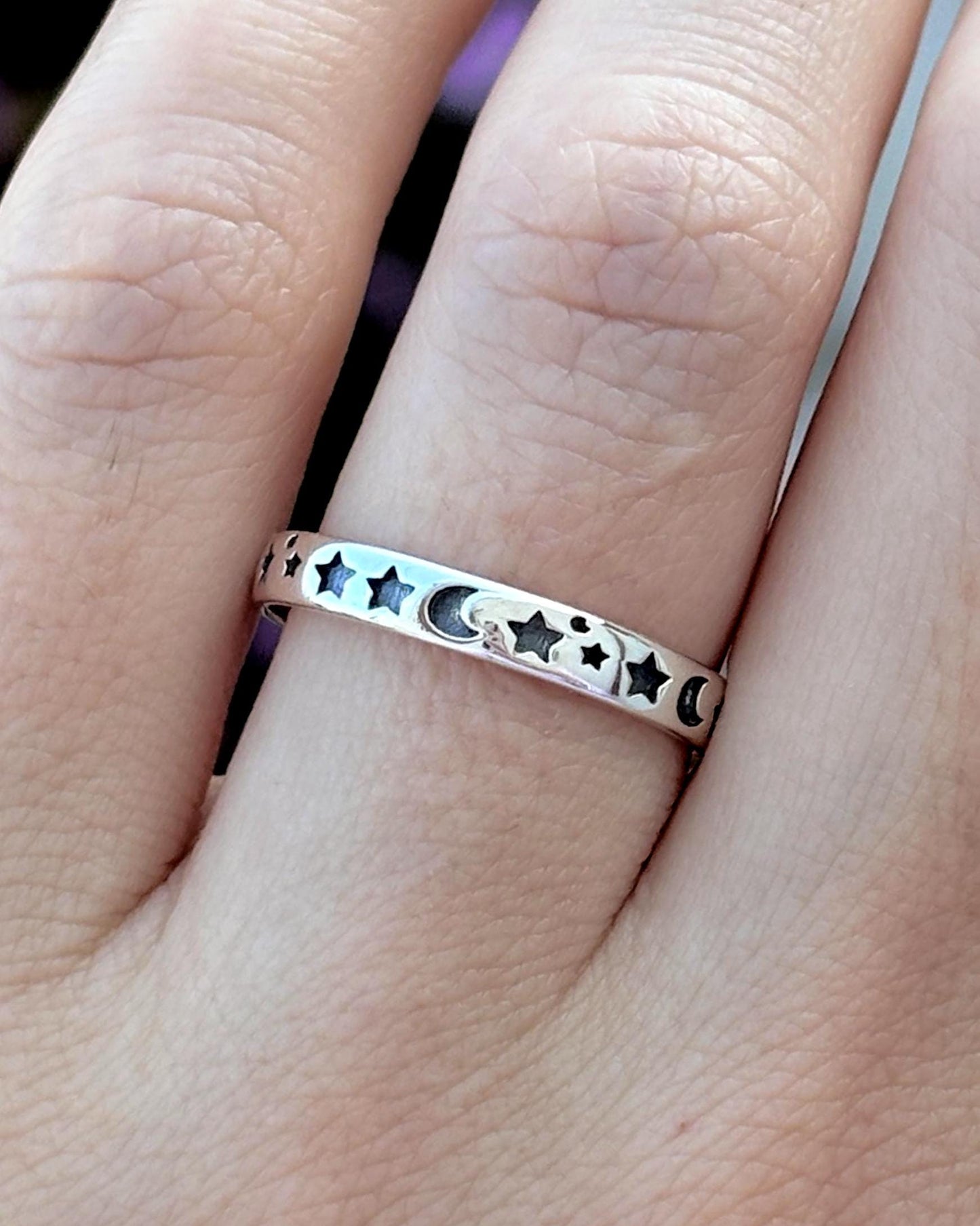 Handmade 925 Sterling Silver Celestial Moon Star Ring, Dainty Stackable Band, Minimalist Cosmic Ring, Everyday Jewelry Gift for Her