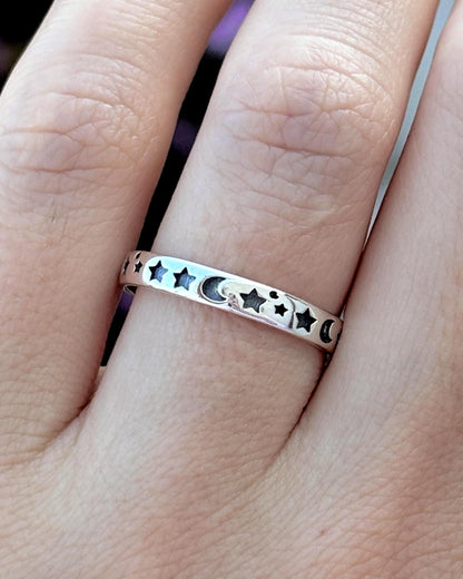 Handmade 925 Sterling Silver Celestial Moon Star Ring, Dainty Stackable Band, Minimalist Cosmic Ring, Everyday Jewelry Gift for Her
