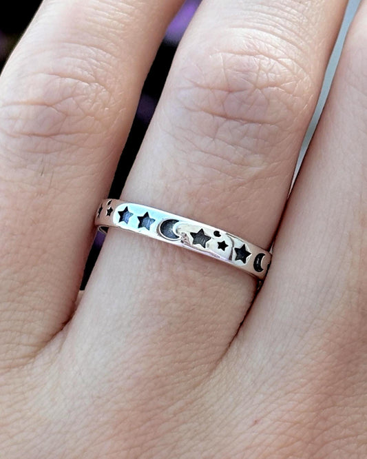 Handmade 925 Sterling Silver Celestial Moon Star Ring, Dainty Stackable Band, Minimalist Cosmic Ring, Everyday Jewelry Gift for Her