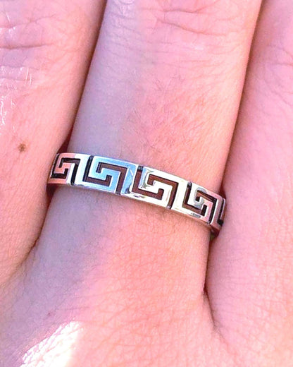 Greek Key Ring, Sterling Silver 925 Band, Minimalist Geometric Ring, Gold Plated Option, Stackable Everyday Jewelry