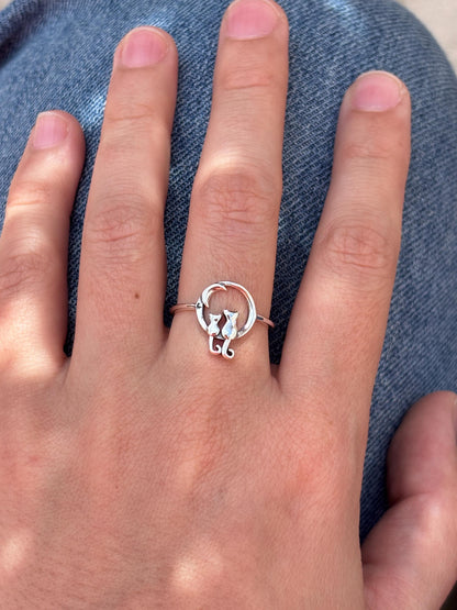 Cats on Moon Ring, Sterling Silver Cat Ring, Crescent Moon Ring, Cat Lover Gift, Minimalist Animal Jewelry, Oxidized 925 Silver Ring