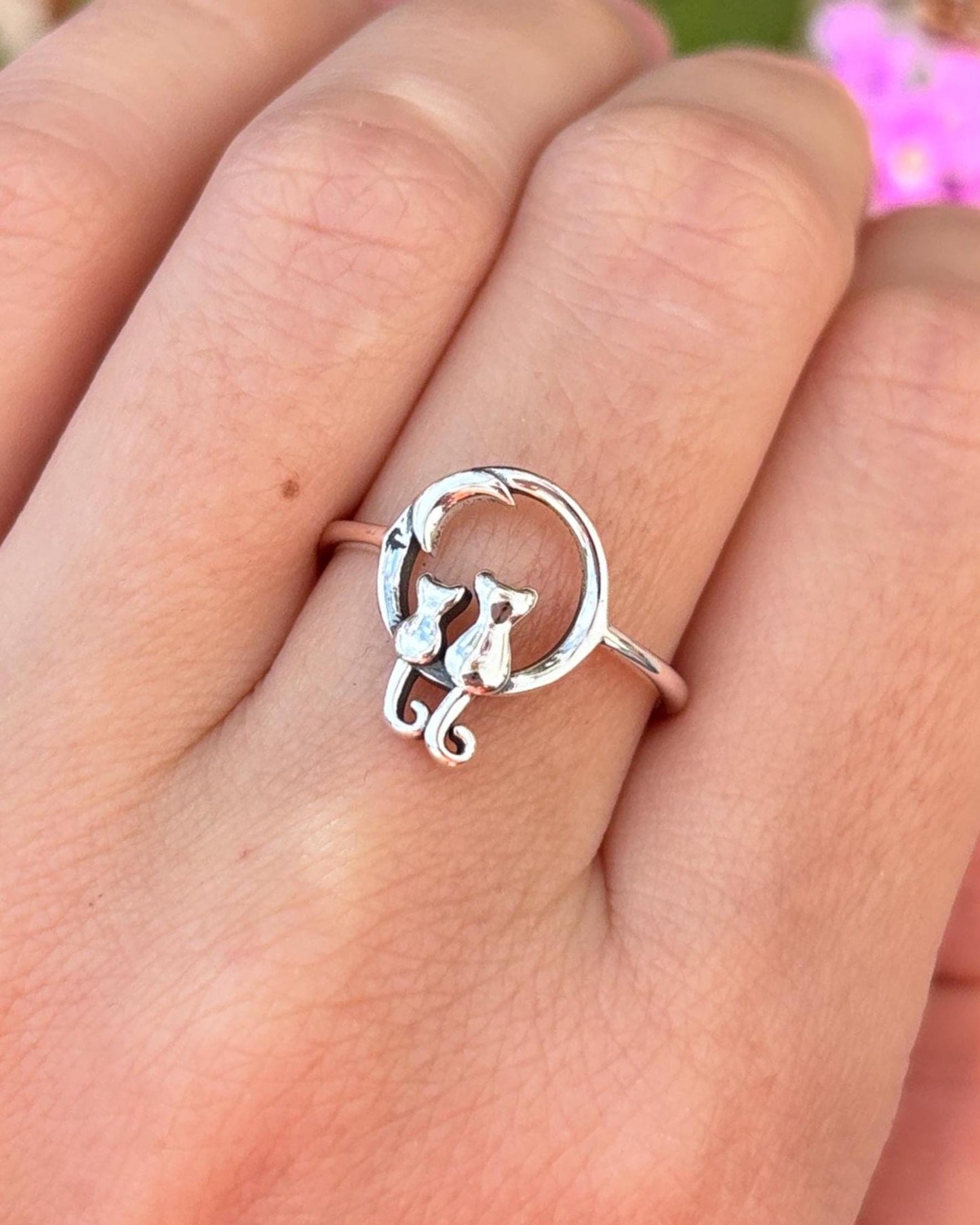 Cats on Moon Ring, Sterling Silver Cat Ring, Crescent Moon Ring, Cat Lover Gift, Minimalist Animal Jewelry, Oxidized 925 Silver Ring