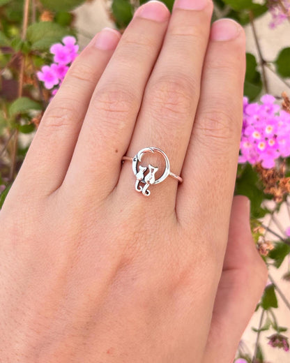 Cats on Moon Ring, Sterling Silver Cat Ring, Crescent Moon Ring, Cat Lover Gift, Minimalist Animal Jewelry, Oxidized 925 Silver Ring