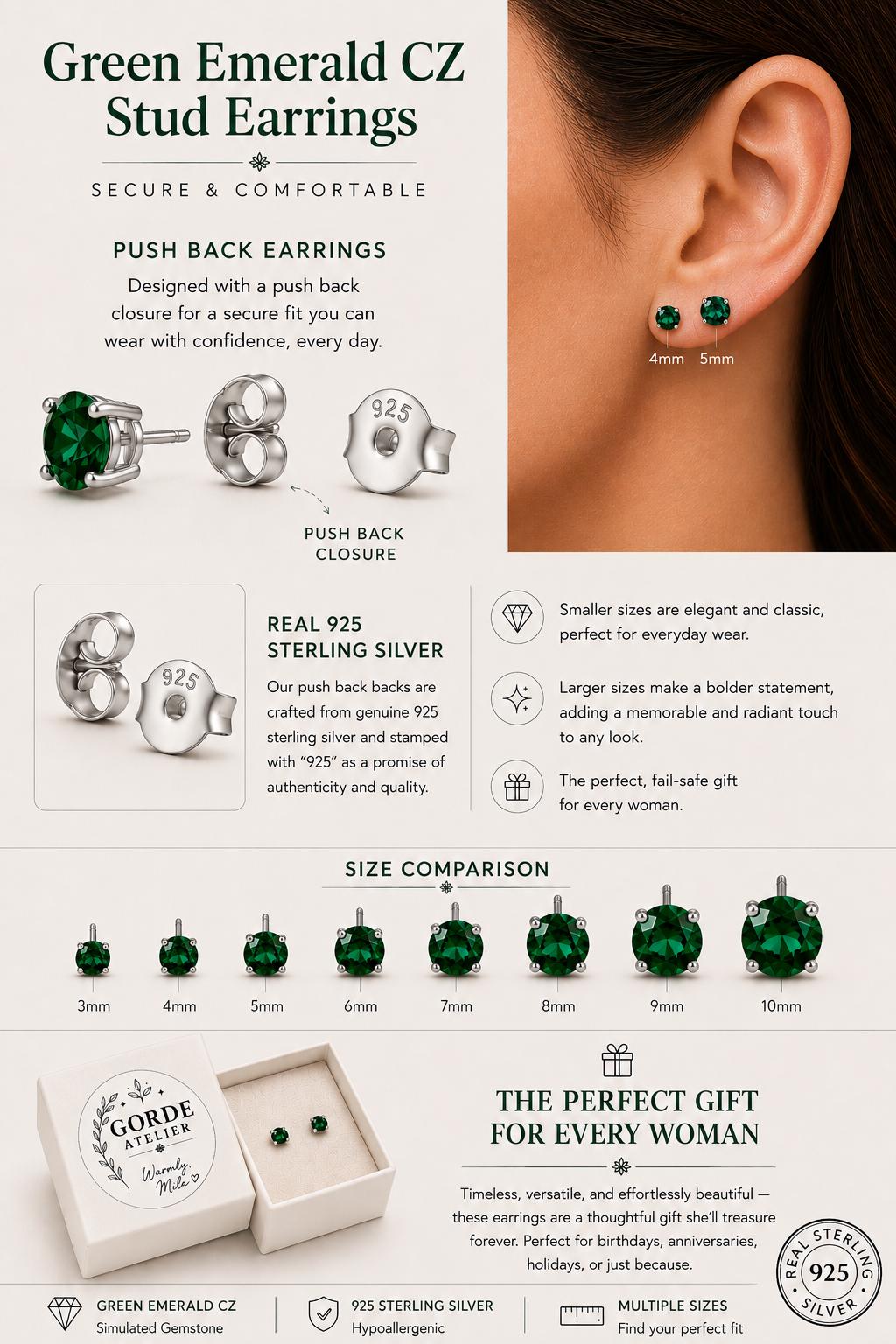 Green Emerald CZ Stud Earrings, Sterling Silver Stud Earrings, Emerald Green Earrings, May Birthstone Gift, Minimalist Silver Studs, May Gem