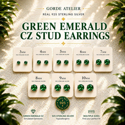 Green Emerald CZ Stud Earrings, Sterling Silver Stud Earrings, Emerald Green Earrings, May Birthstone Gift, Minimalist Silver Studs, May Gem