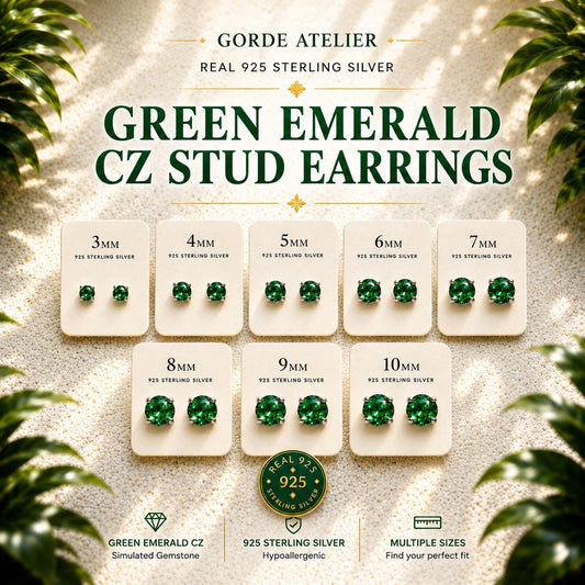 Green Emerald CZ Stud Earrings, Sterling Silver Stud Earrings, Emerald Green Earrings, May Birthstone Gift, Minimalist Silver Studs, May Gem