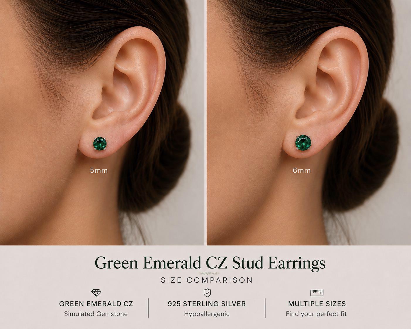 Green Emerald CZ Stud Earrings, Sterling Silver Stud Earrings, Emerald Green Earrings, May Birthstone Gift, Minimalist Silver Studs, May Gem