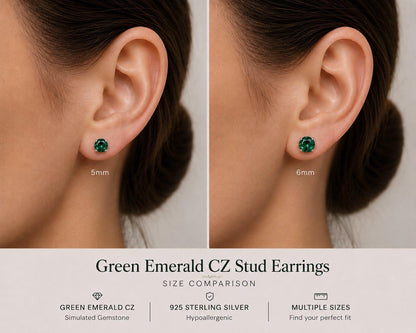 Green Emerald CZ Stud Earrings, Sterling Silver Stud Earrings, Emerald Green Earrings, May Birthstone Gift, Minimalist Silver Studs, May Gem