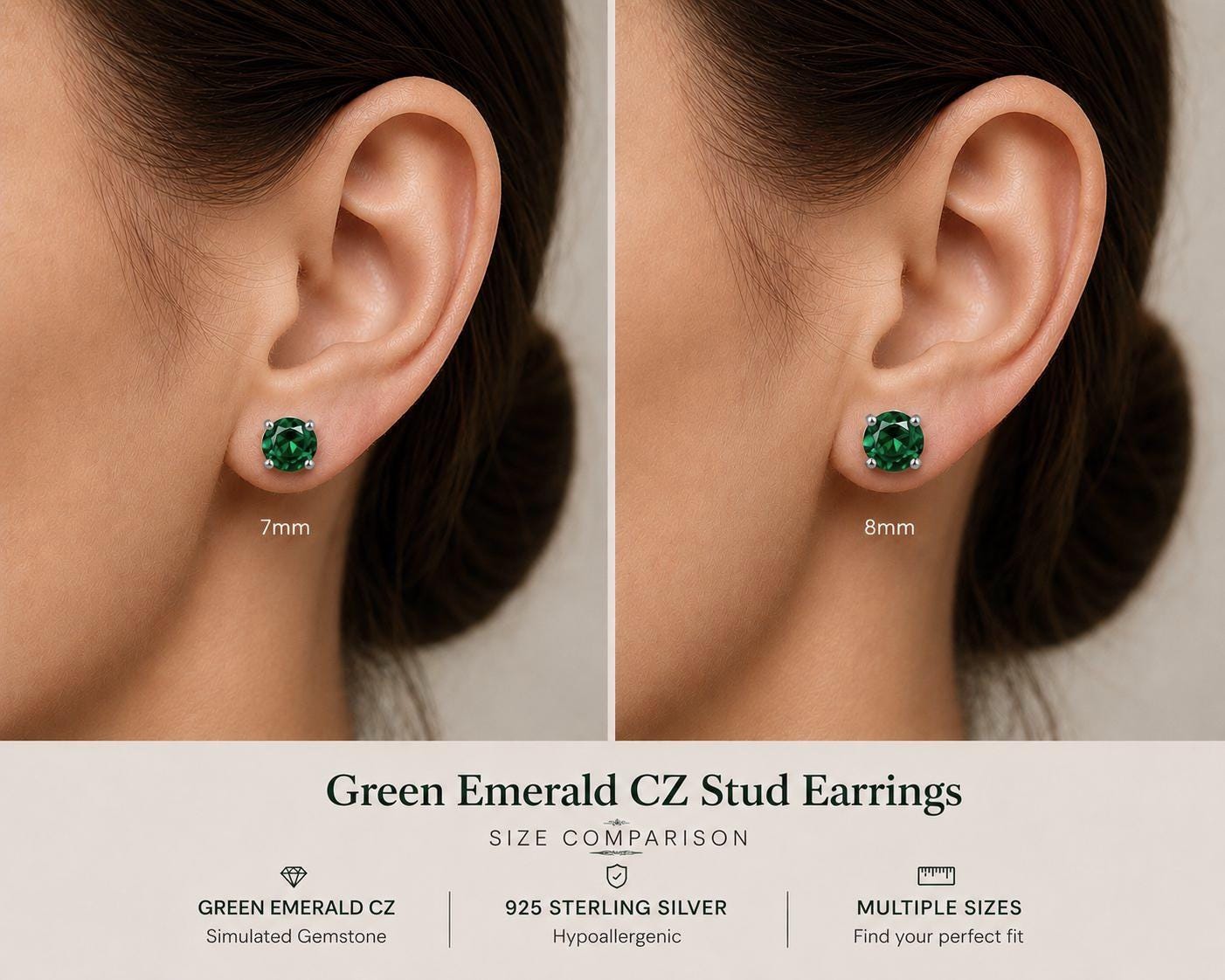 Green Emerald CZ Stud Earrings, Sterling Silver Stud Earrings, Emerald Green Earrings, May Birthstone Gift, Minimalist Silver Studs, May Gem
