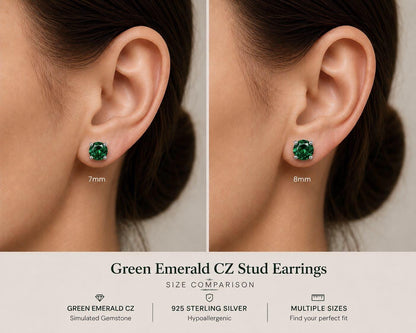 Green Emerald CZ Stud Earrings, Sterling Silver Stud Earrings, Emerald Green Earrings, May Birthstone Gift, Minimalist Silver Studs, May Gem