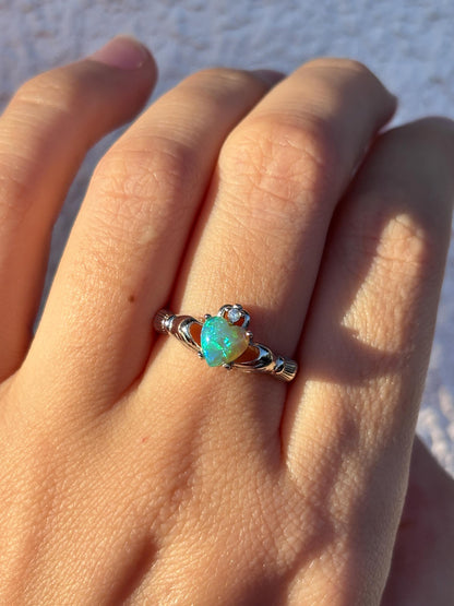 Kiwi Opal Claddagh Ring, Blue Green Opal Ring, Aqua Green Opal Jewelry, Irish Promise Ring, Celtic Heart Ring, Gift for Her, Irish Jewelry