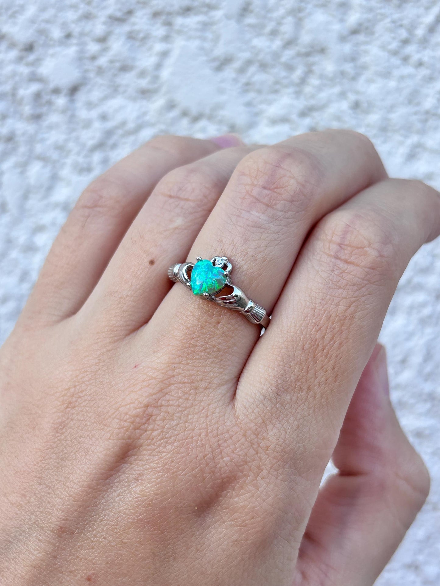 Kiwi Opal Claddagh Ring, Blue Green Opal Ring, Aqua Green Opal Jewelry, Irish Promise Ring, Celtic Heart Ring, Gift for Her, Irish Jewelry