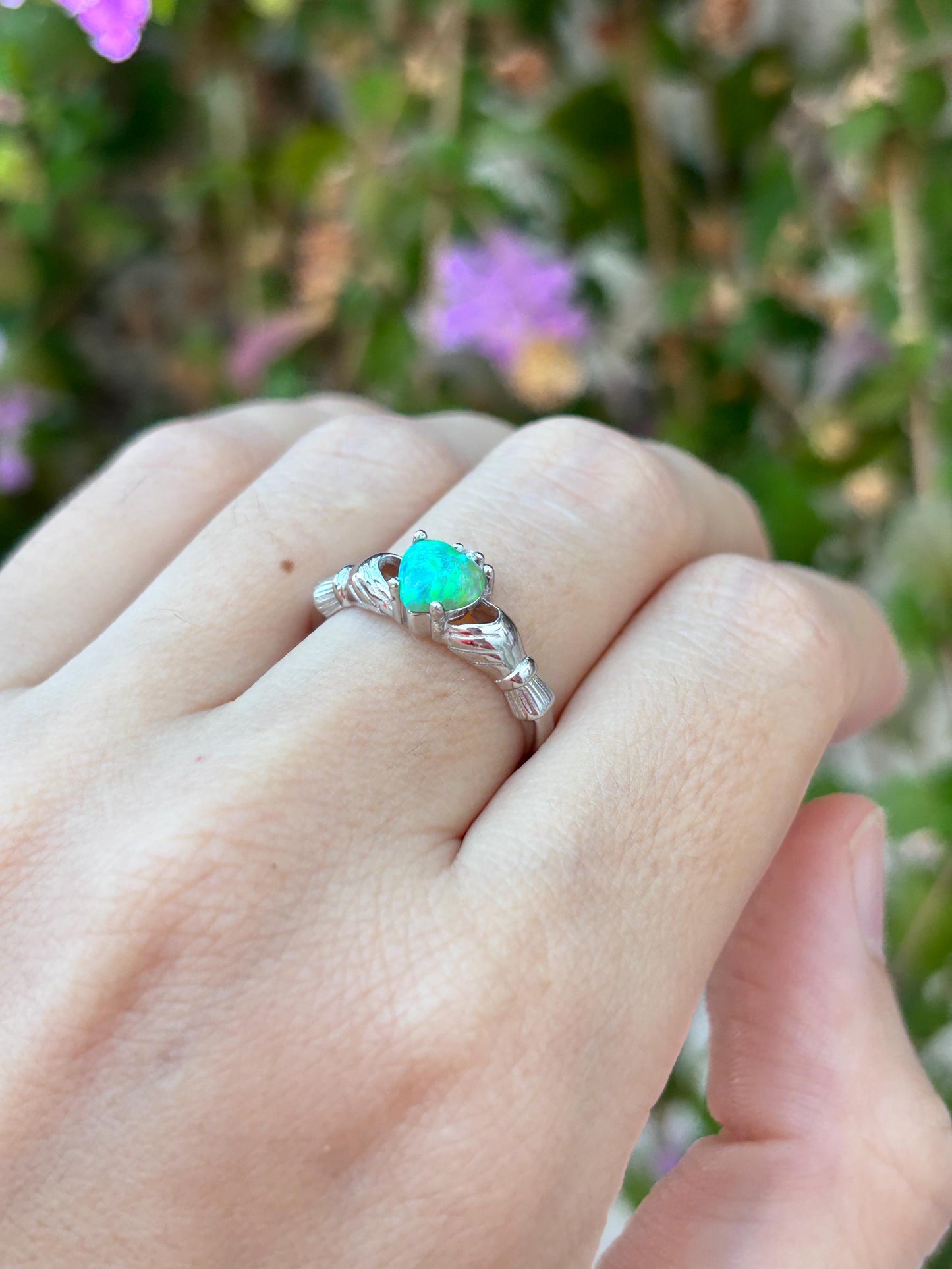 Kiwi Opal Claddagh Ring, Blue Green Opal Ring, Aqua Green Opal Jewelry, Irish Promise Ring, Celtic Heart Ring, Gift for Her, Irish Jewelry