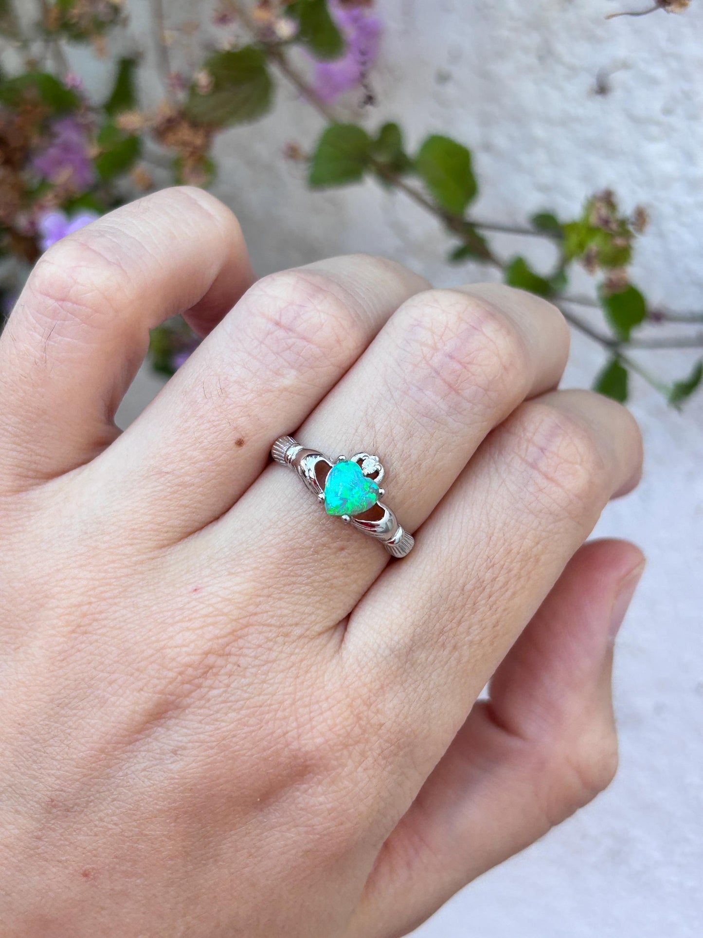 Kiwi Opal Claddagh Ring, Blue Green Opal Ring, Aqua Green Opal Jewelry, Irish Promise Ring, Celtic Heart Ring, Gift for Her, Irish Jewelry