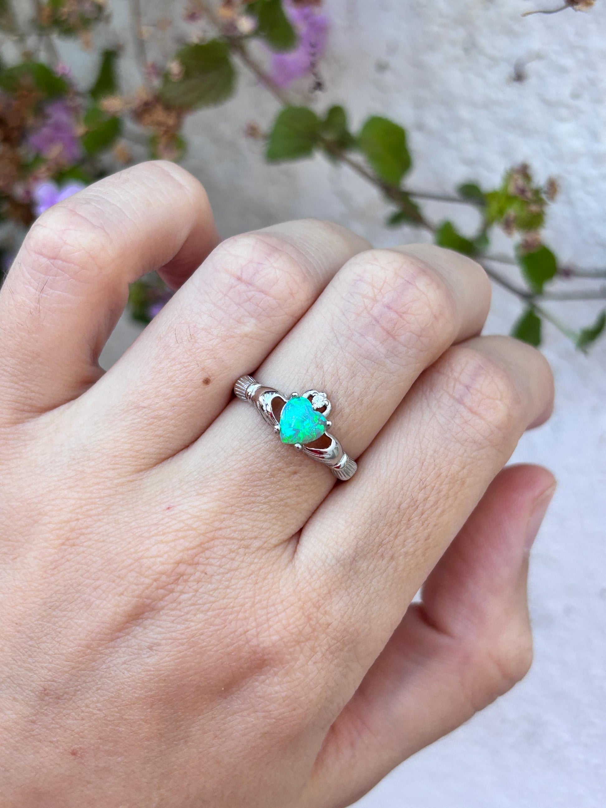 Kiwi Opal Claddagh Ring, Blue Green Opal Ring, Aqua Green Opal Jewelry, Irish Promise Ring, Celtic Heart Ring, Gift for Her, Irish Jewelry