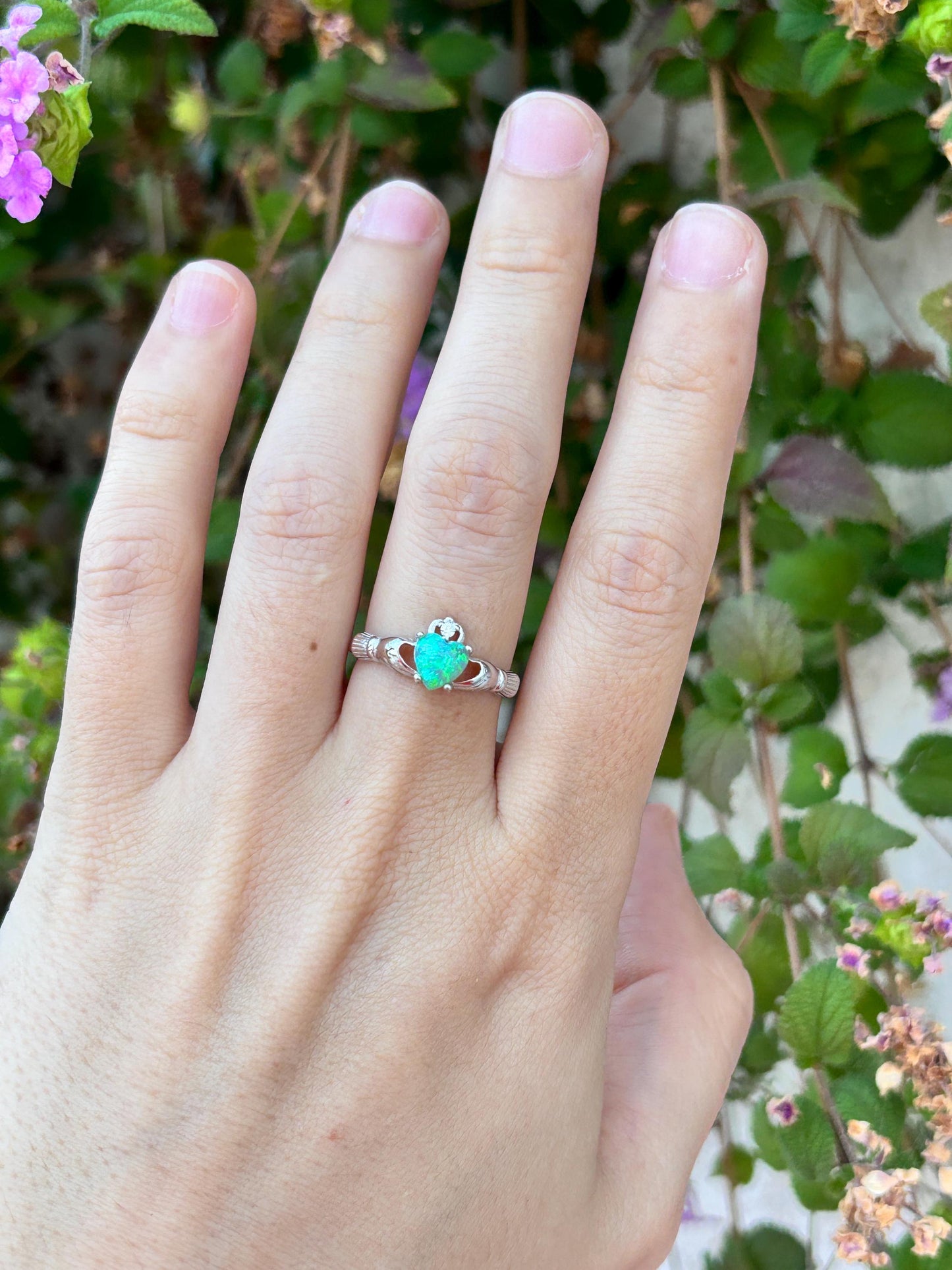 Kiwi Opal Claddagh Ring, Blue Green Opal Ring, Aqua Green Opal Jewelry, Irish Promise Ring, Celtic Heart Ring, Gift for Her, Irish Jewelry