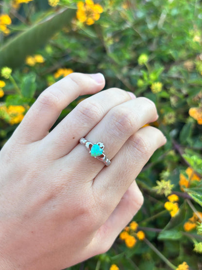 Kiwi Opal Claddagh Ring, Blue Green Opal Ring, Aqua Green Opal Jewelry, Irish Promise Ring, Celtic Heart Ring, Gift for Her, Irish Jewelry