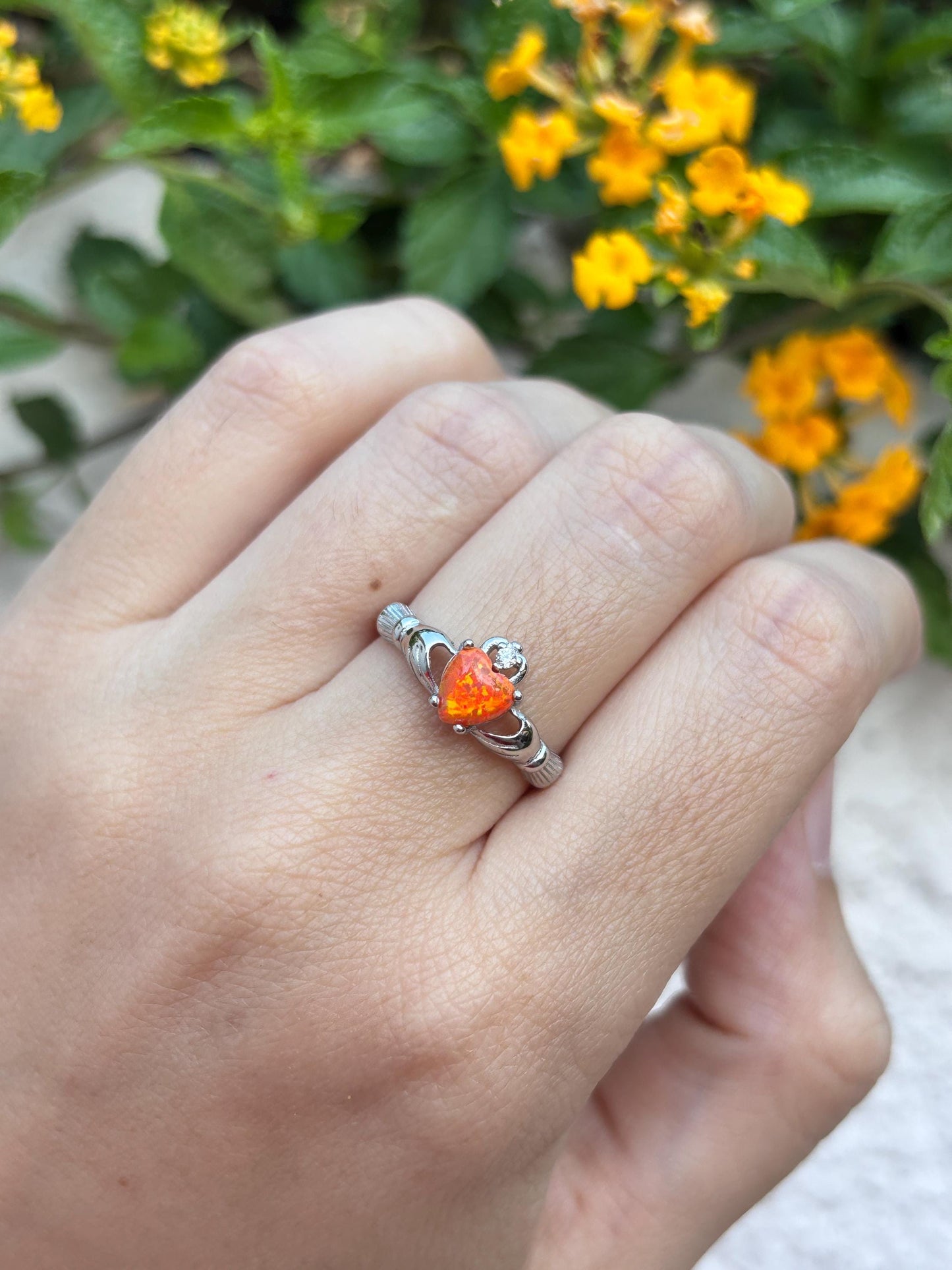 Sterling Silver Orange Opal Claddagh Ring, Irish Heart Ring, Fire Opal Ring, Celtic Promise Ring, Romantic Jewelry, Gift for Her