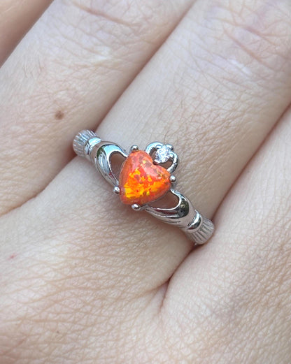 Sterling Silver Orange Opal Claddagh Ring, Irish Heart Ring, Fire Opal Ring, Celtic Promise Ring, Romantic Jewelry, Gift for Her
