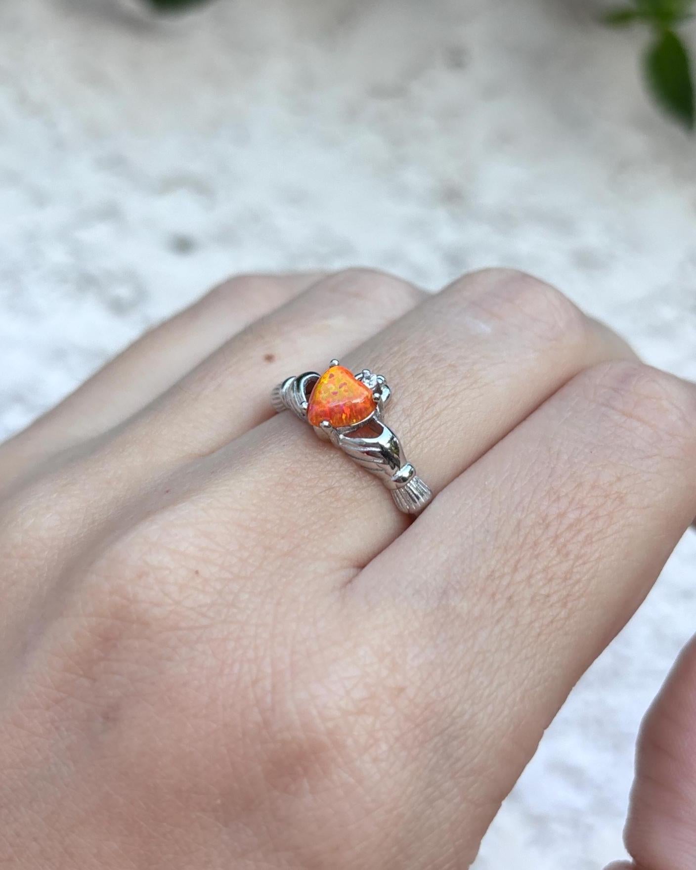 Sterling Silver Orange Opal Claddagh Ring, Irish Heart Ring, Fire Opal Ring, Celtic Promise Ring, Romantic Jewelry, Gift for Her