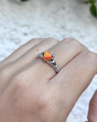 Sterling Silver Orange Opal Claddagh Ring, Irish Heart Ring, Fire Opal Ring, Celtic Promise Ring, Romantic Jewelry, Gift for Her