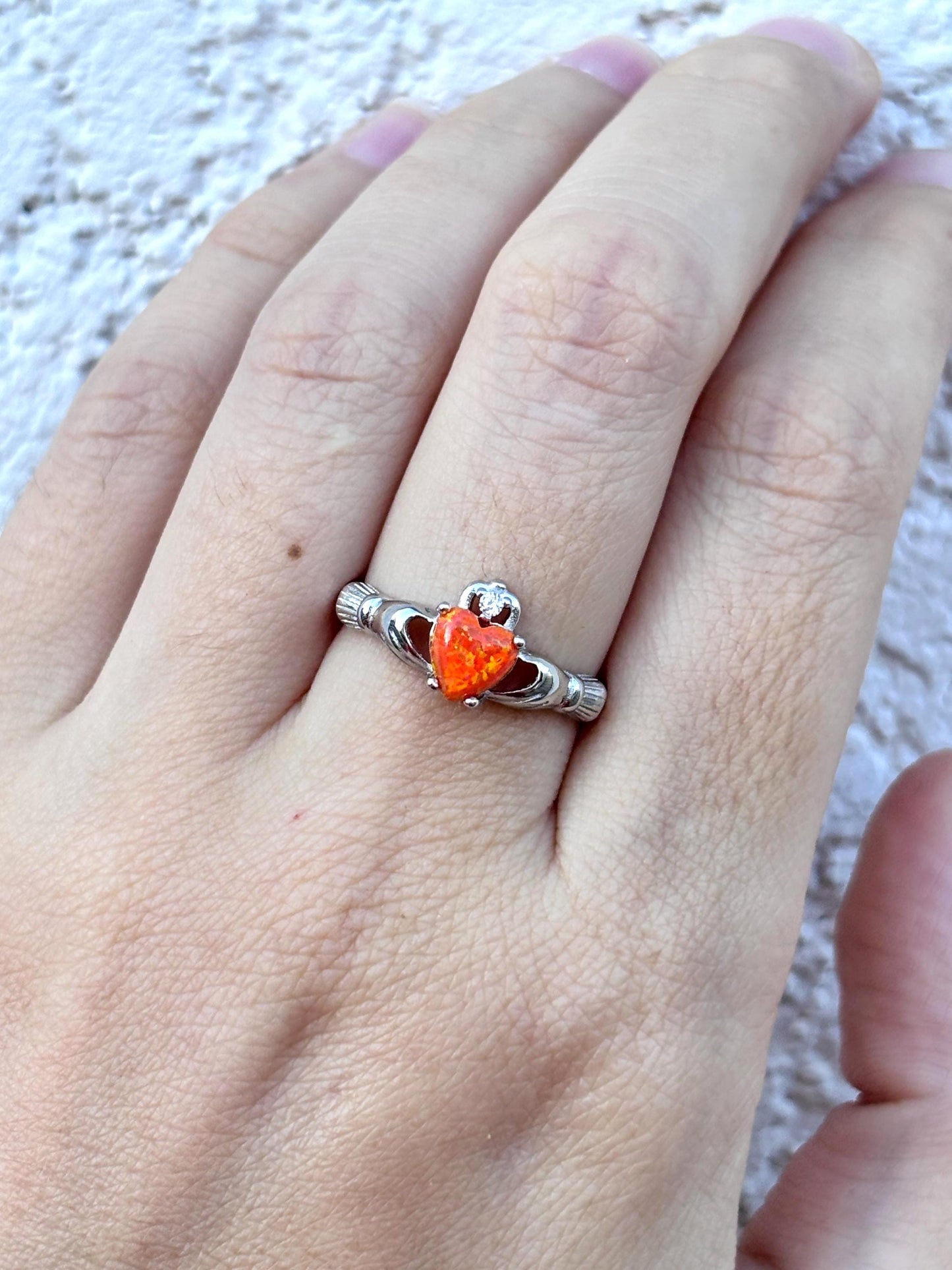 Sterling Silver Orange Opal Claddagh Ring, Irish Heart Ring, Fire Opal Ring, Celtic Promise Ring, Romantic Jewelry, Gift for Her