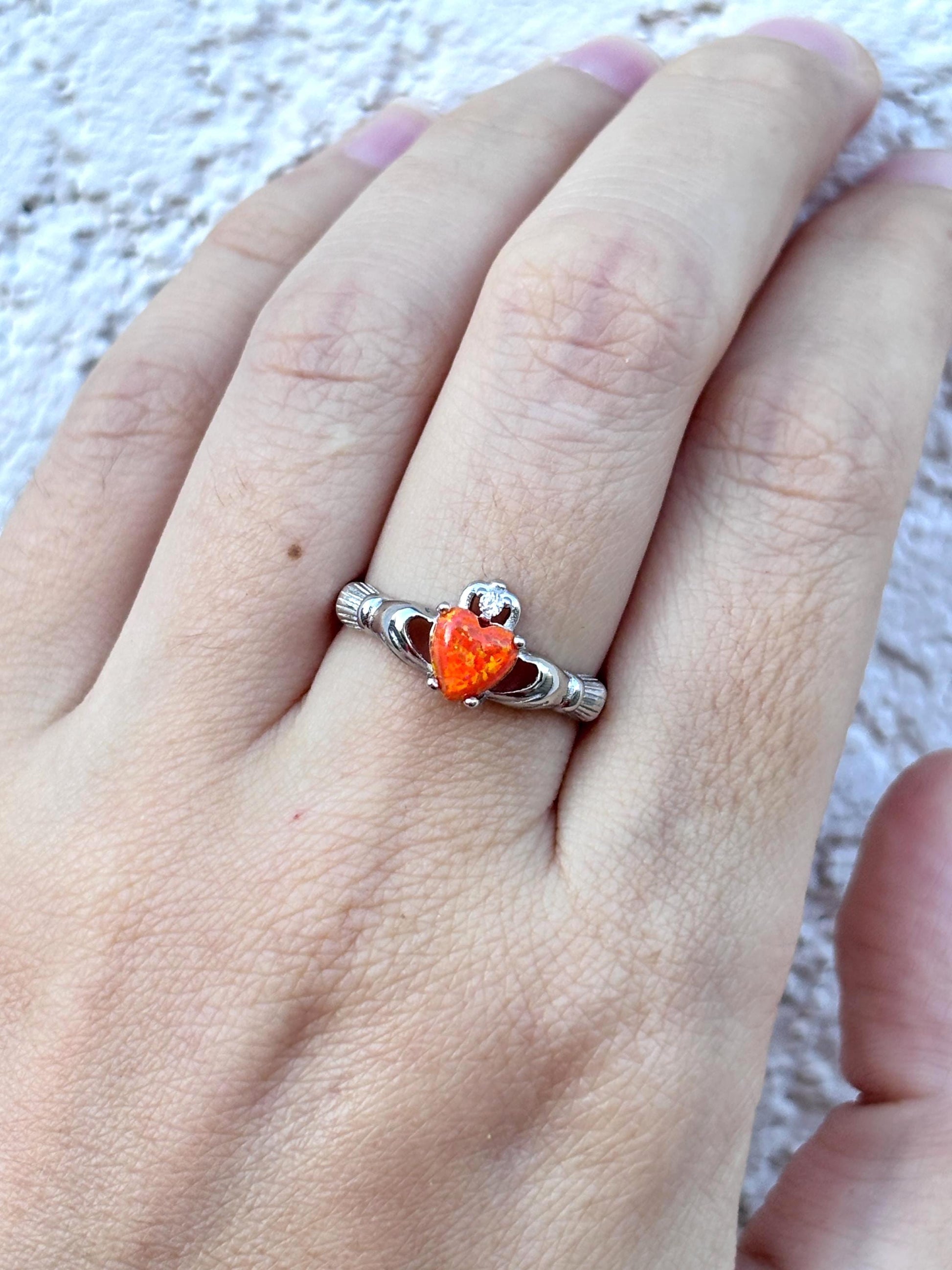 Sterling Silver Orange Opal Claddagh Ring, Irish Heart Ring, Fire Opal Ring, Celtic Promise Ring, Romantic Jewelry, Gift for Her