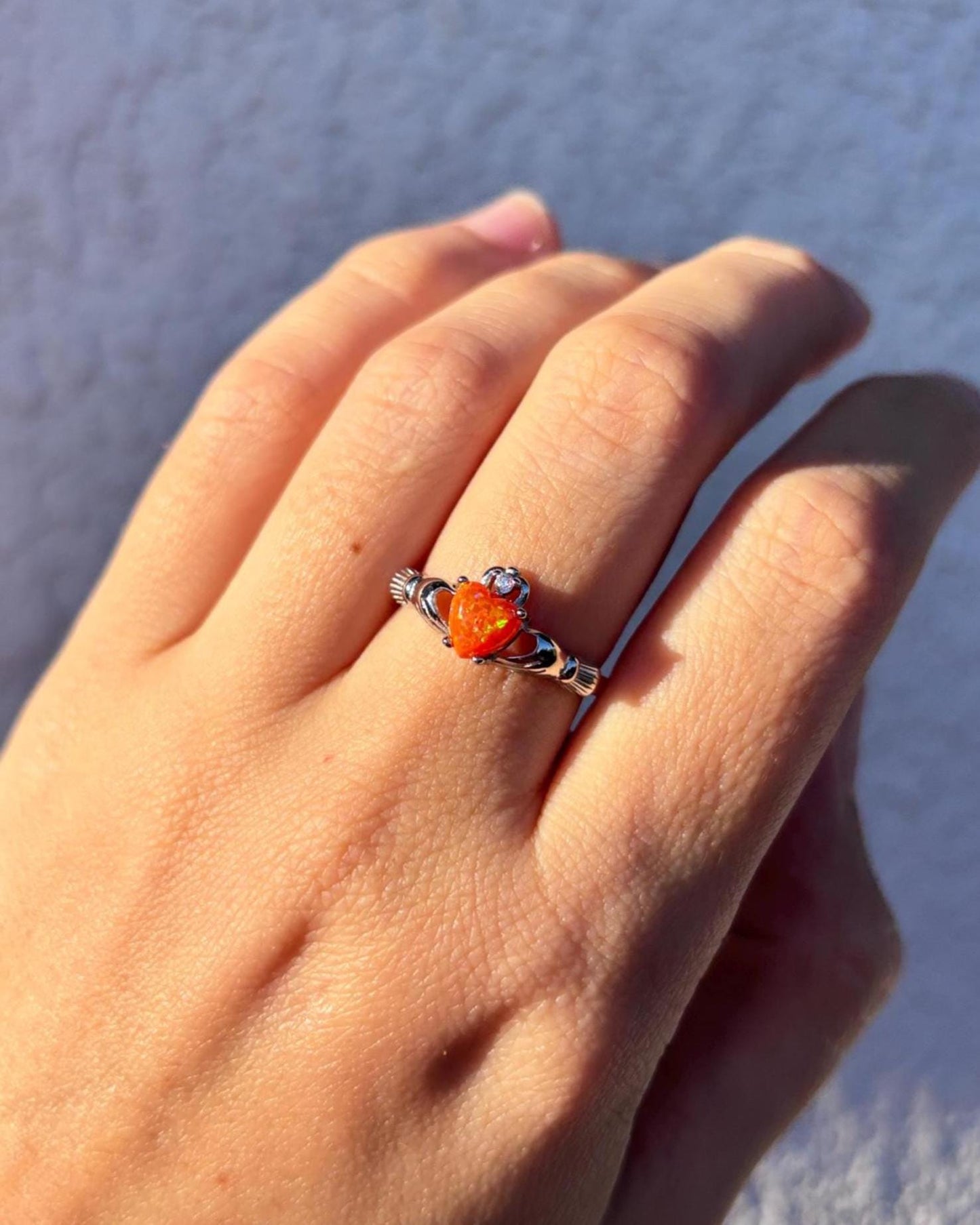 Sterling Silver Orange Opal Claddagh Ring, Irish Heart Ring, Fire Opal Ring, Celtic Promise Ring, Romantic Jewelry, Gift for Her