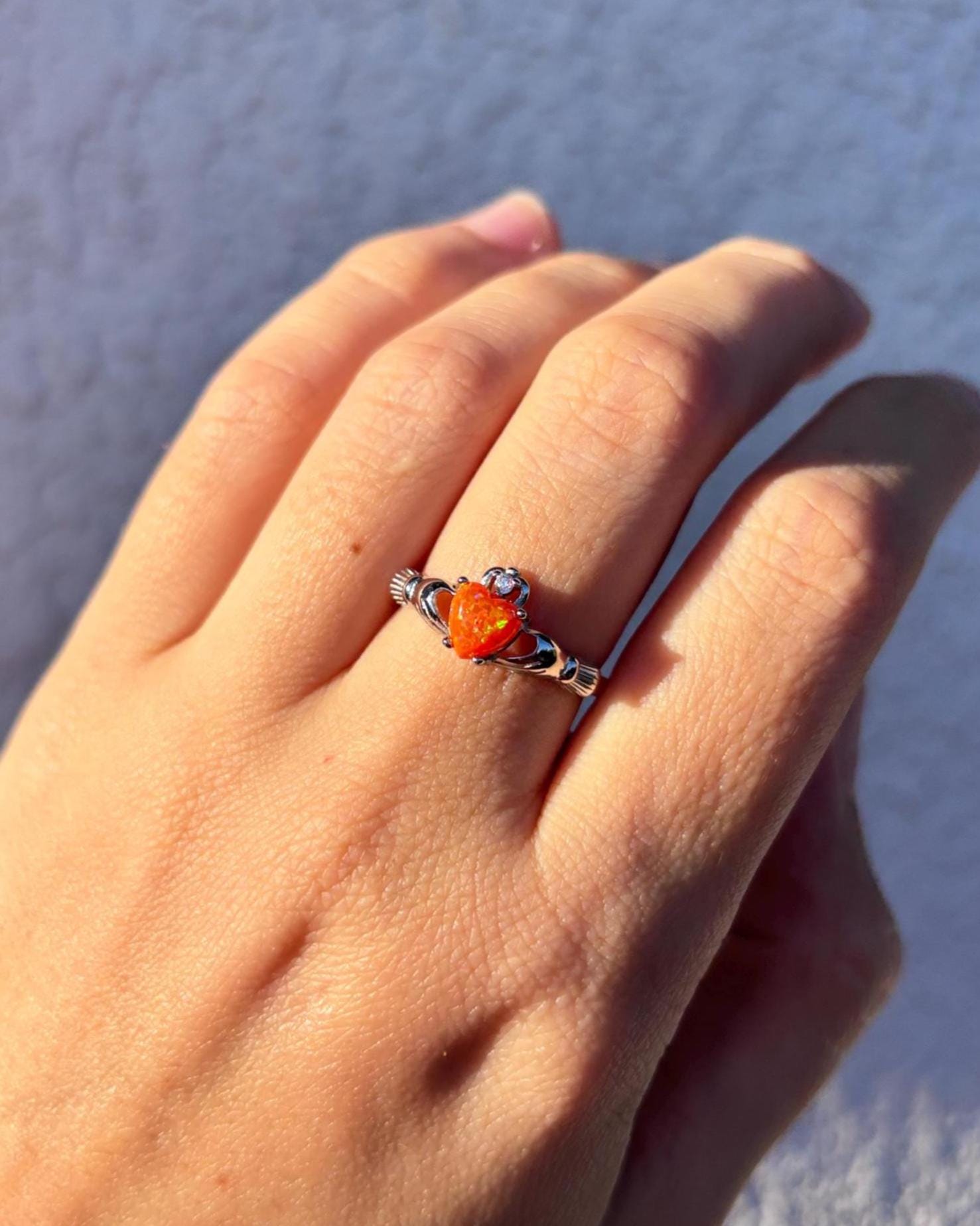 Sterling Silver Orange Opal Claddagh Ring, Irish Heart Ring, Fire Opal Ring, Celtic Promise Ring, Romantic Jewelry, Gift for Her