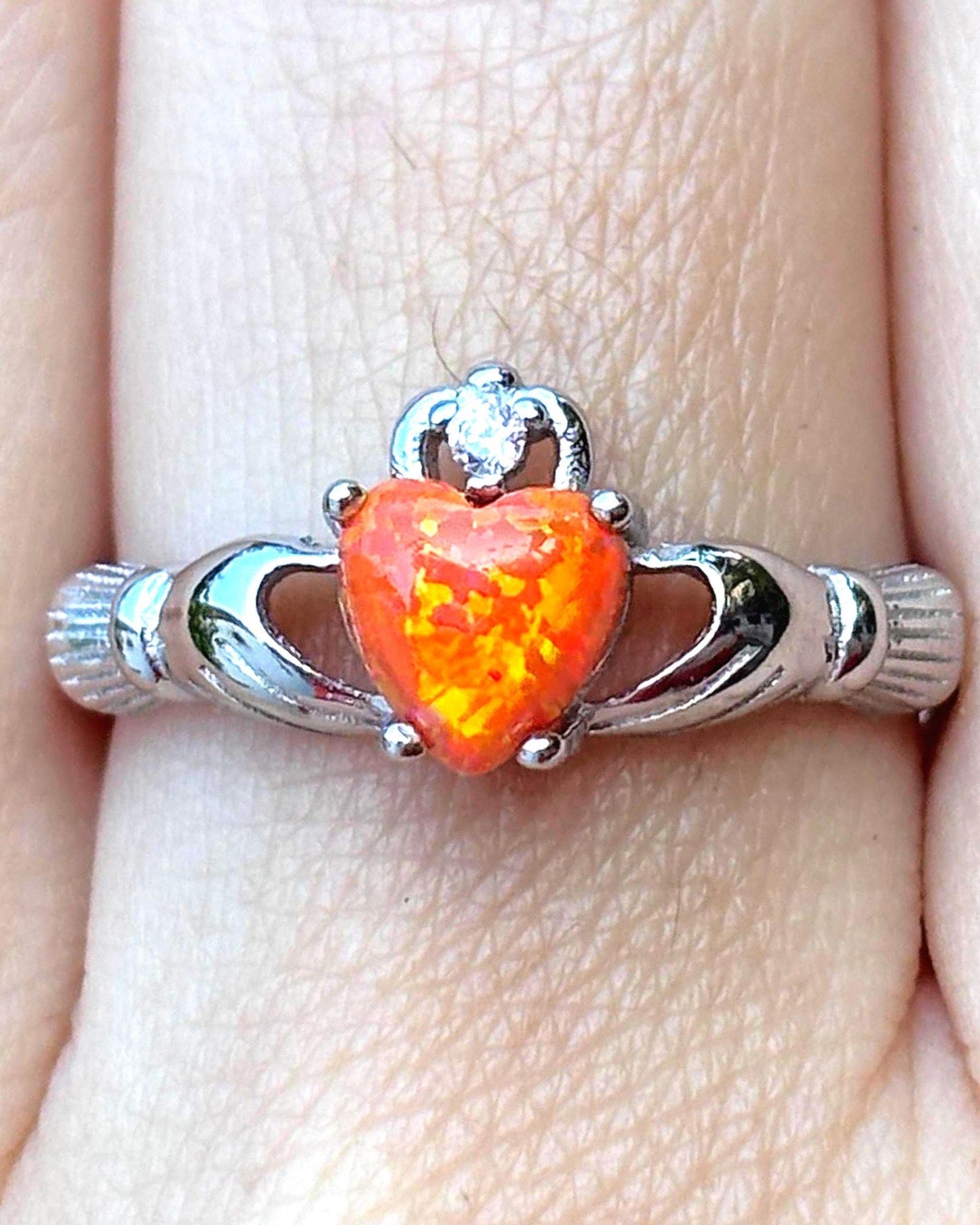 Sterling Silver Orange Opal Claddagh Ring, Irish Heart Ring, Fire Opal Ring, Celtic Promise Ring, Romantic Jewelry, Gift for Her