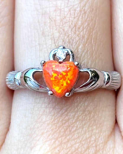 Sterling Silver Orange Opal Claddagh Ring, Irish Heart Ring, Fire Opal Ring, Celtic Promise Ring, Romantic Jewelry, Gift for Her