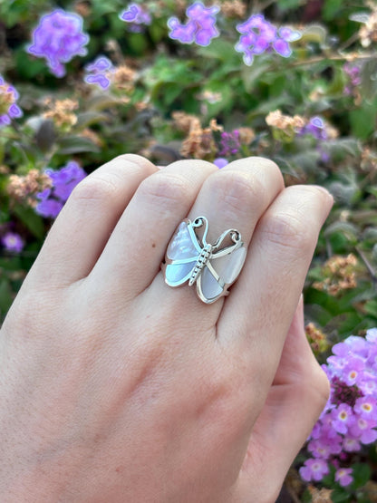 Genuine Mother of Pearl Handmade Butterfly Ring, 925 Sterling Silver Statement Ring, Natural Shell Ring, Butterfly Jewelry, Gift for Her