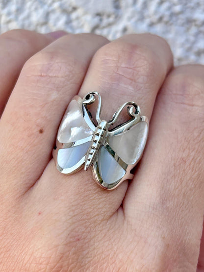 Genuine Mother of Pearl Handmade Butterfly Ring, 925 Sterling Silver Statement Ring, Natural Shell Ring, Butterfly Jewelry, Gift for Her