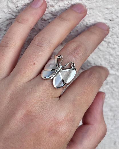 Genuine Mother of Pearl Handmade Butterfly Ring, 925 Sterling Silver Statement Ring, Natural Shell Ring, Butterfly Jewelry, Gift for Her