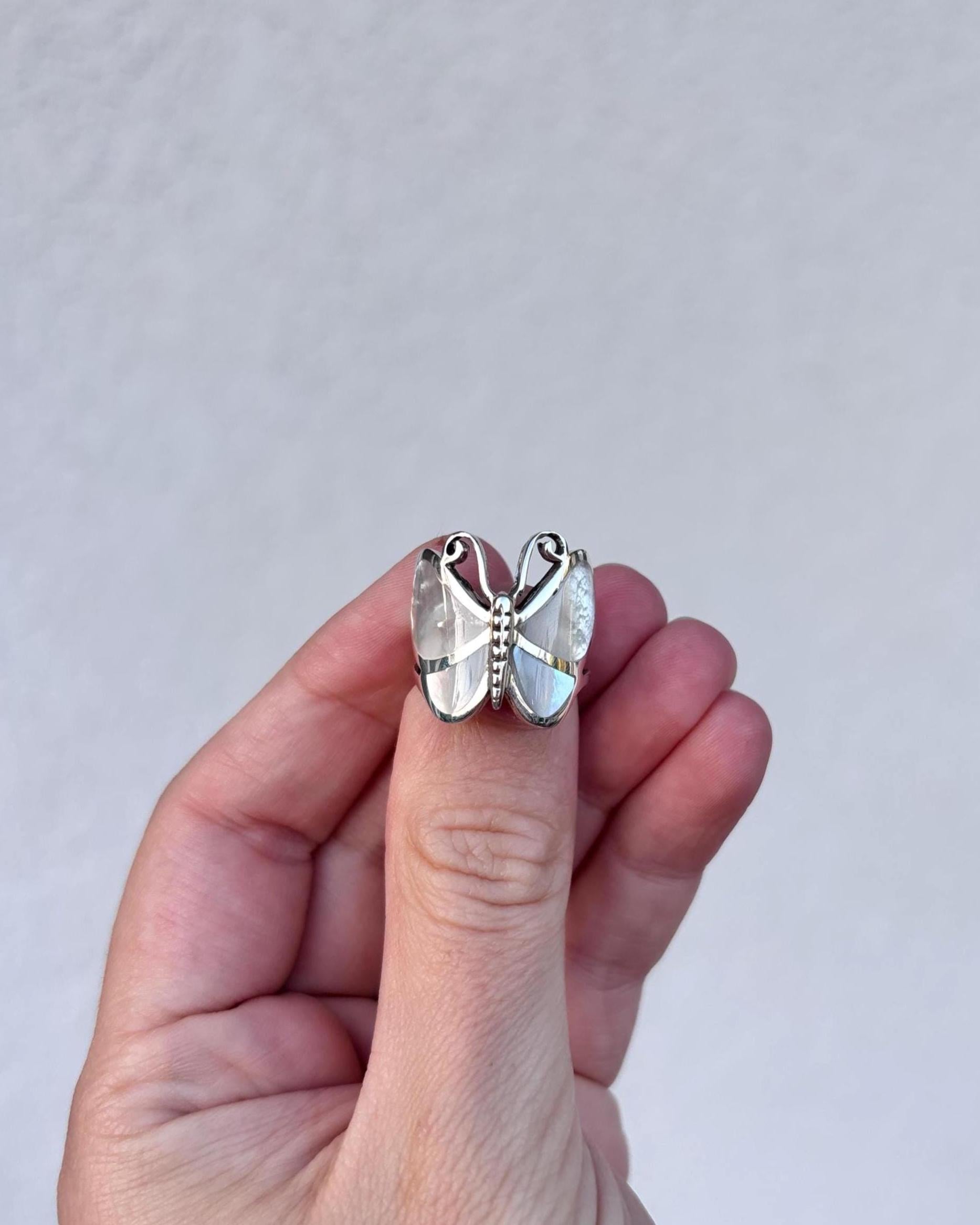 Genuine Mother of Pearl Handmade Butterfly Ring, 925 Sterling Silver Statement Ring, Natural Shell Ring, Butterfly Jewelry, Gift for Her