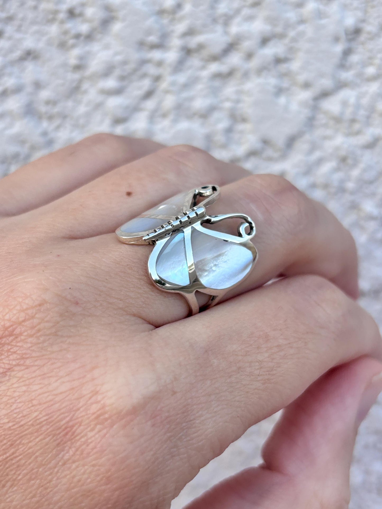 Genuine Mother of Pearl Handmade Butterfly Ring, 925 Sterling Silver Statement Ring, Natural Shell Ring, Butterfly Jewelry, Gift for Her