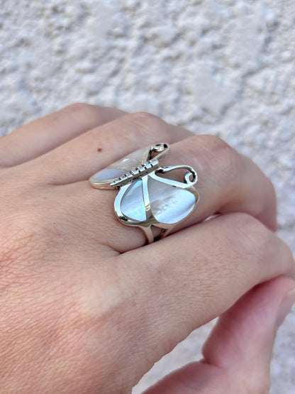 Genuine Mother of Pearl Handmade Butterfly Ring, 925 Sterling Silver Statement Ring, Natural Shell Ring, Butterfly Jewelry, Gift for Her