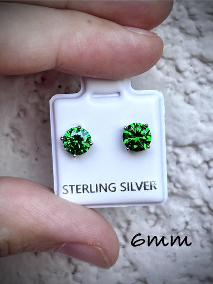 Green Emerald CZ Stud Earrings, Sterling Silver Stud Earrings, Emerald Green Earrings, May Birthstone Gift, Minimalist Silver Studs, May Gem